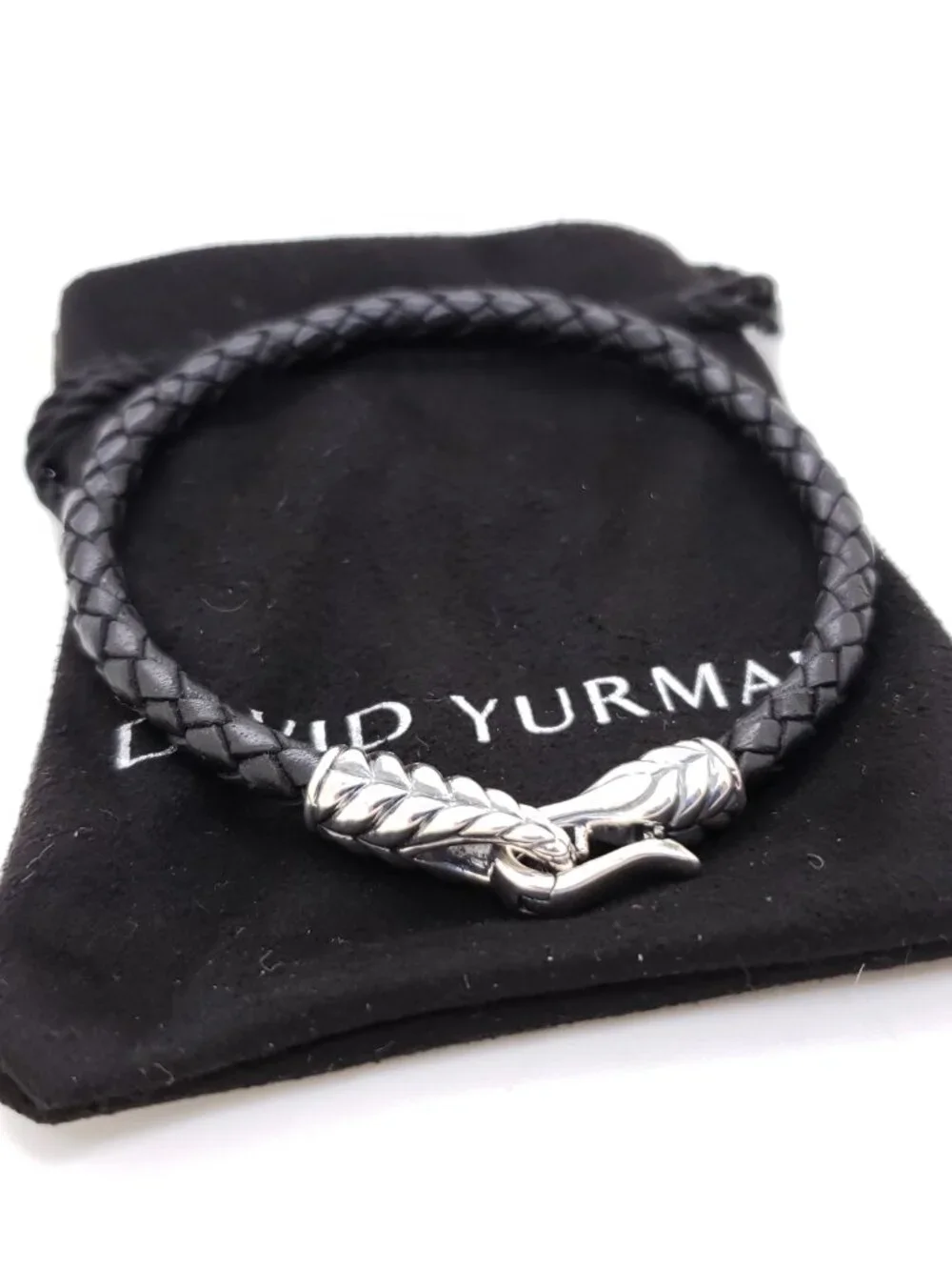 DAVID YURMAN Sterling Silver 925 Black Leather Chevron Woven Bracelet 8